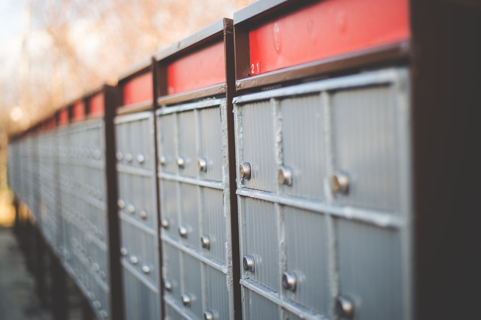 Row of locked metal mailboxes