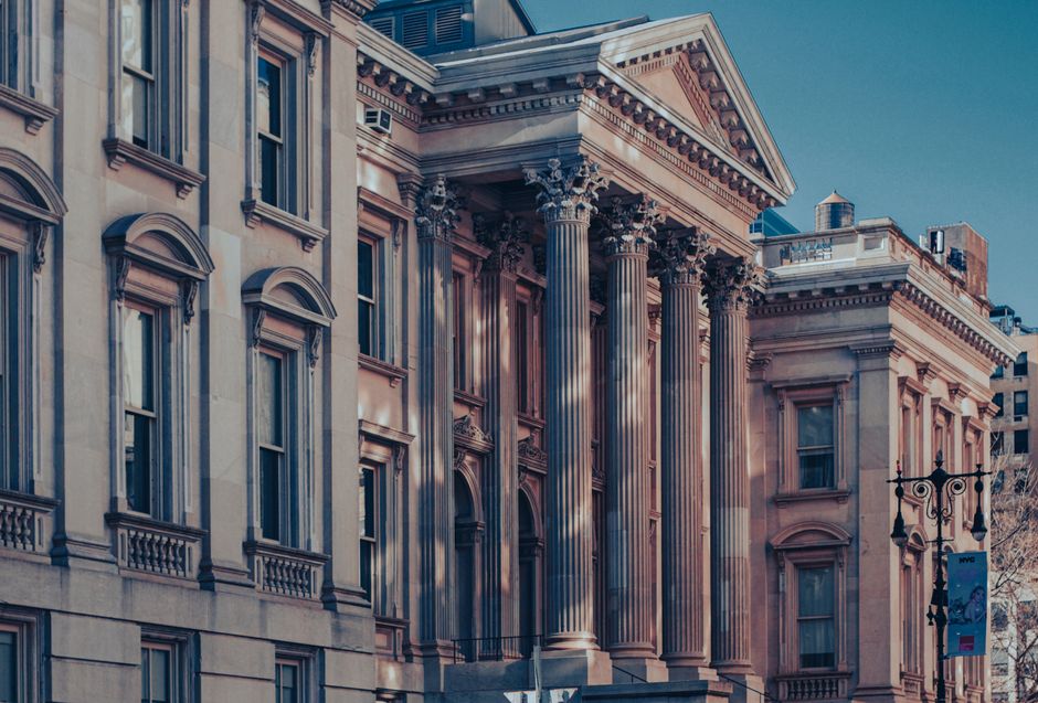 Courthouse columns at dusk