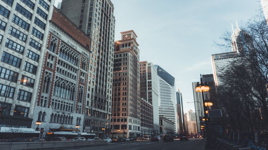 Downtown city skyline at dusk