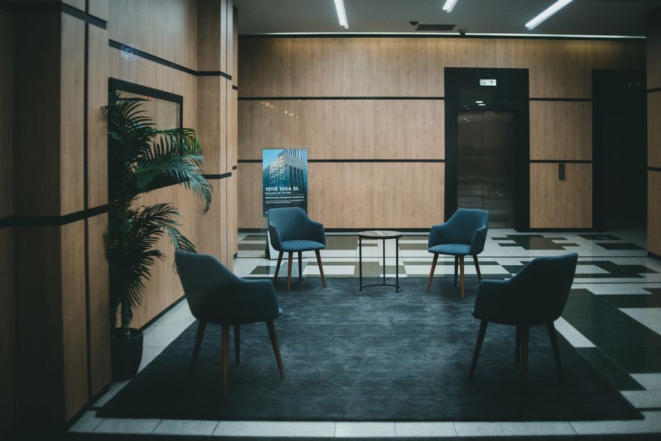 Empty office lobby with seating