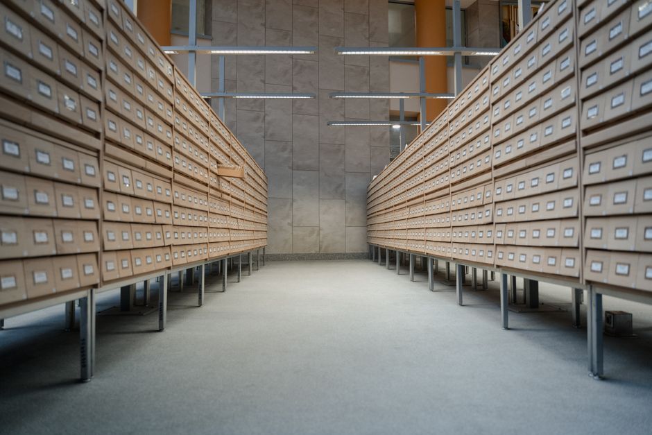 Rows of card catalog drawers in an archive