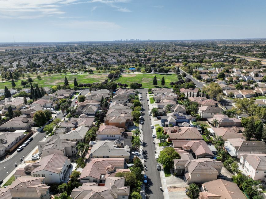 Aerial view of a suburban neighborhood